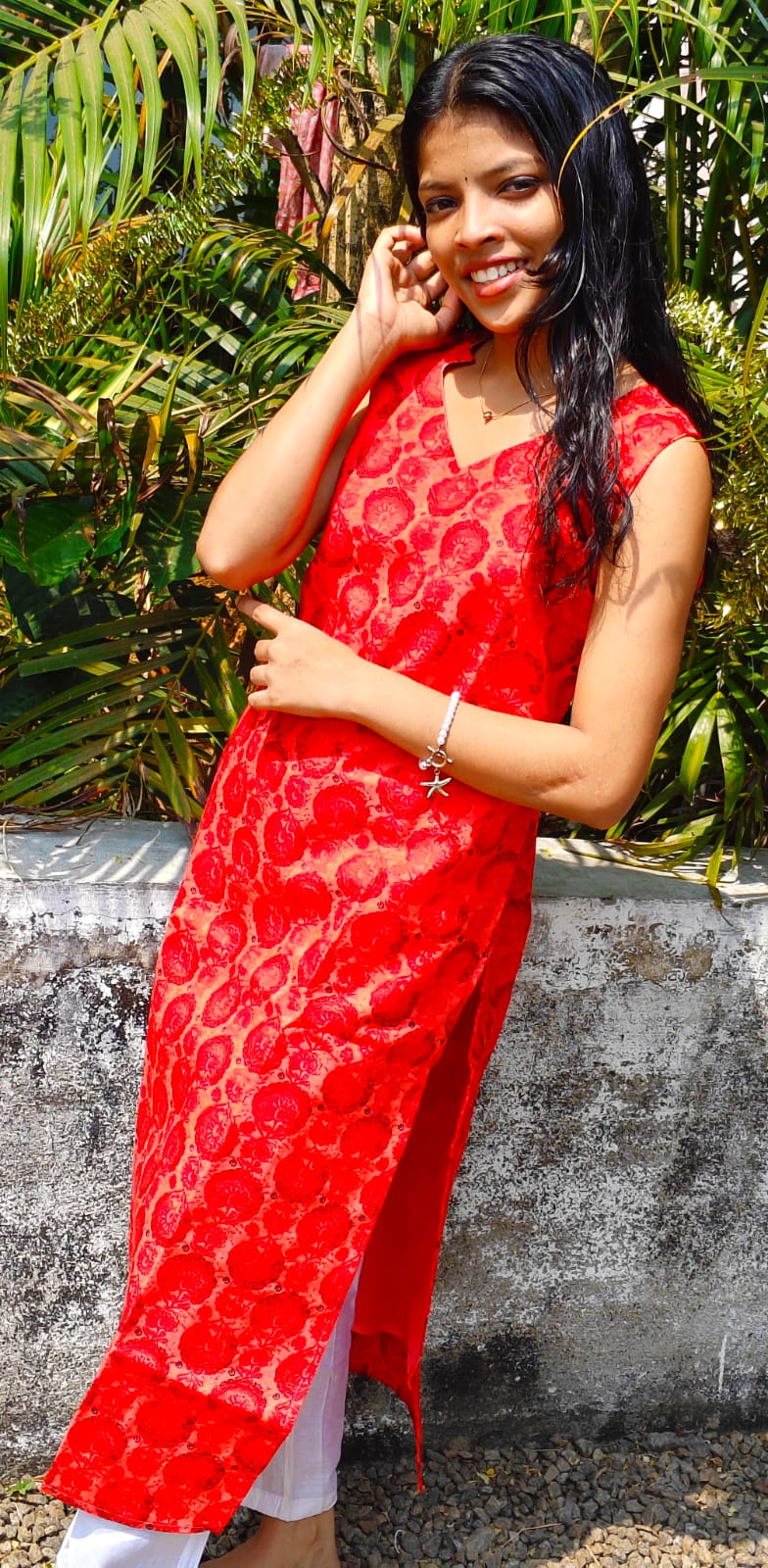 Cotton printed sleeveless top - Reddish Orange