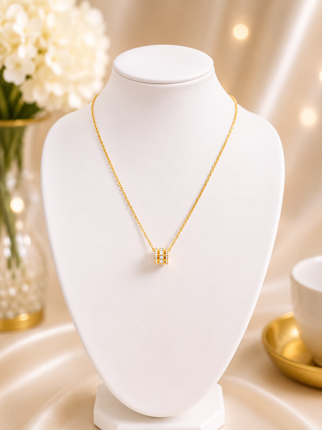 Elegant gold necklace on display