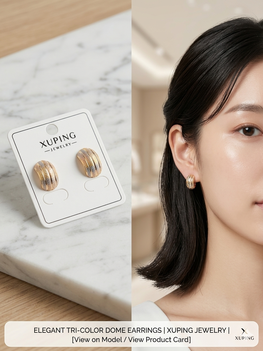 Xuping Tri-Color Dome Stud Earrings (Anti-Tarnish)