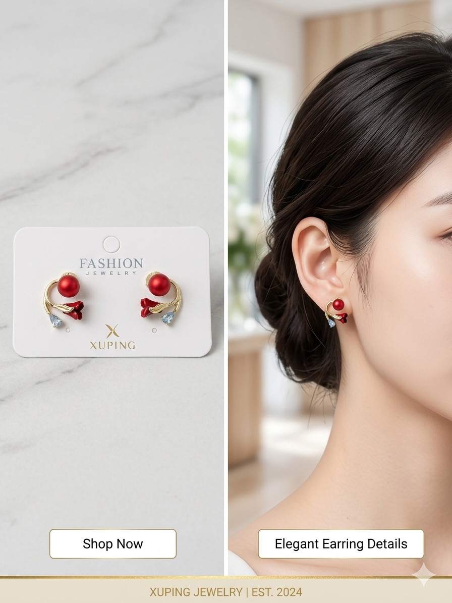 Red Pearl Floral Stud Earrings